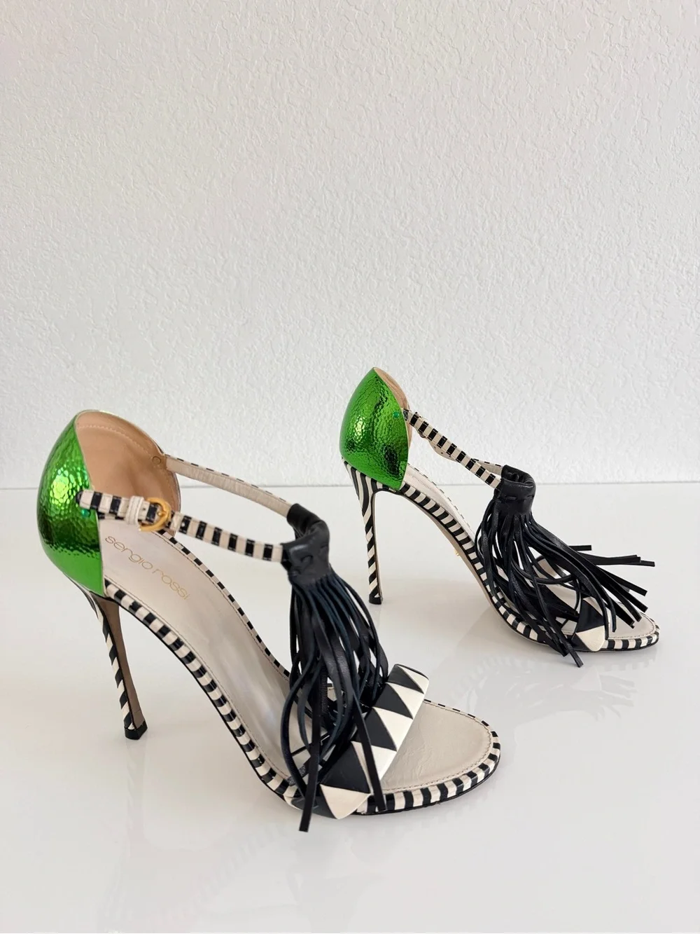 Sergio Rossi Green & Black Fringe High Heel Sandals